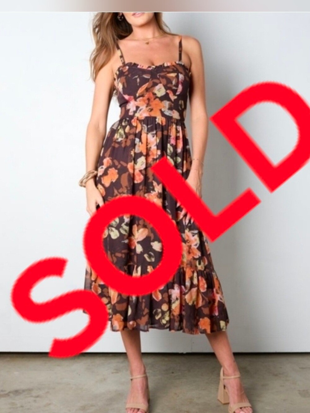 SOLD Storia Sheer Floral Brown printed Midi dress Bustier Ruffled Lrg Strapless